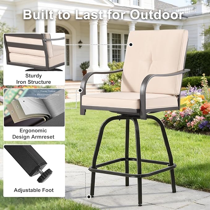 Patio Swivel Bar Stools Set of 6, Outdoor Bar Height Swivel Chairs with Cushions for Garden Balcony Backyard, Beige