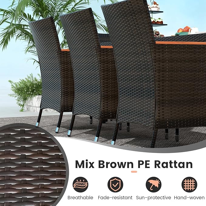 Tangkula 11 Pieces Rattan Outdoor Dining Set with 15Ft Solar Patio Umbrella for 8, Outdoor Wicker Table Set with 8 Cushioned Chairs, Acacia Wood Top, Outdoor Umbrella with Base Included