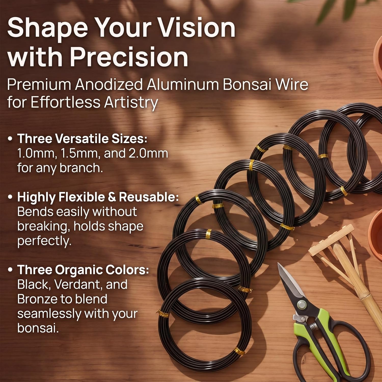 Hotop 10 Rolls Bonsai Wires Anodized Aluminum Bonsai Training Wire in 5 Sizes - 1.0 mm, 1.5 mm, 2.0 mm, 2.5 mm, 3.0 mm, Total 164 Feet (Black)