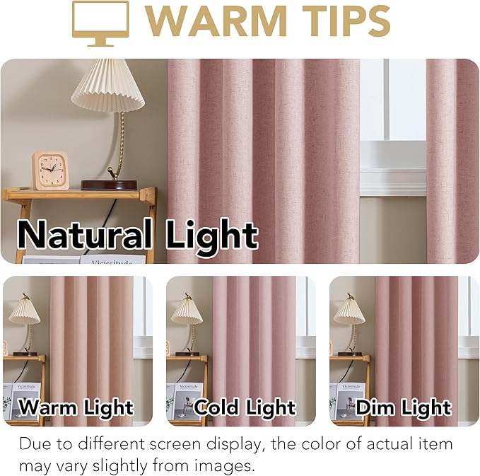 H.VERSAILTEX Linen Curtains 100% Blackout Curtains for Bedroom 102 inch Long Full Light Blocking Nature Linen Blended Window Curtains for Living Room Nickel Grommet (2 Panels, Heathered Baby Pink)