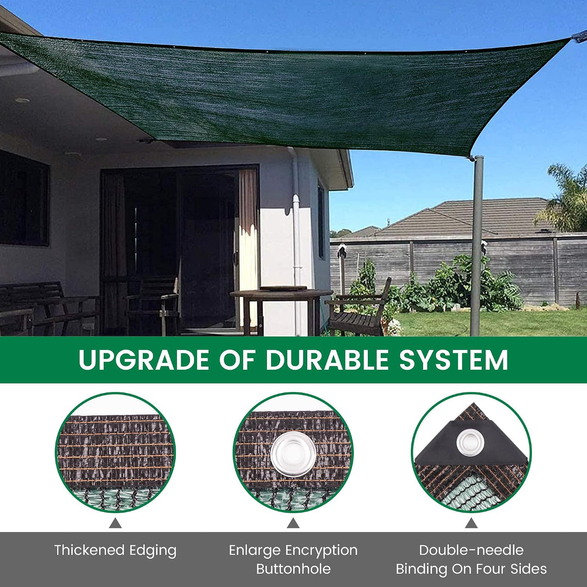 shade cloth, 14ft x 20ft 70% green outdoor, side view