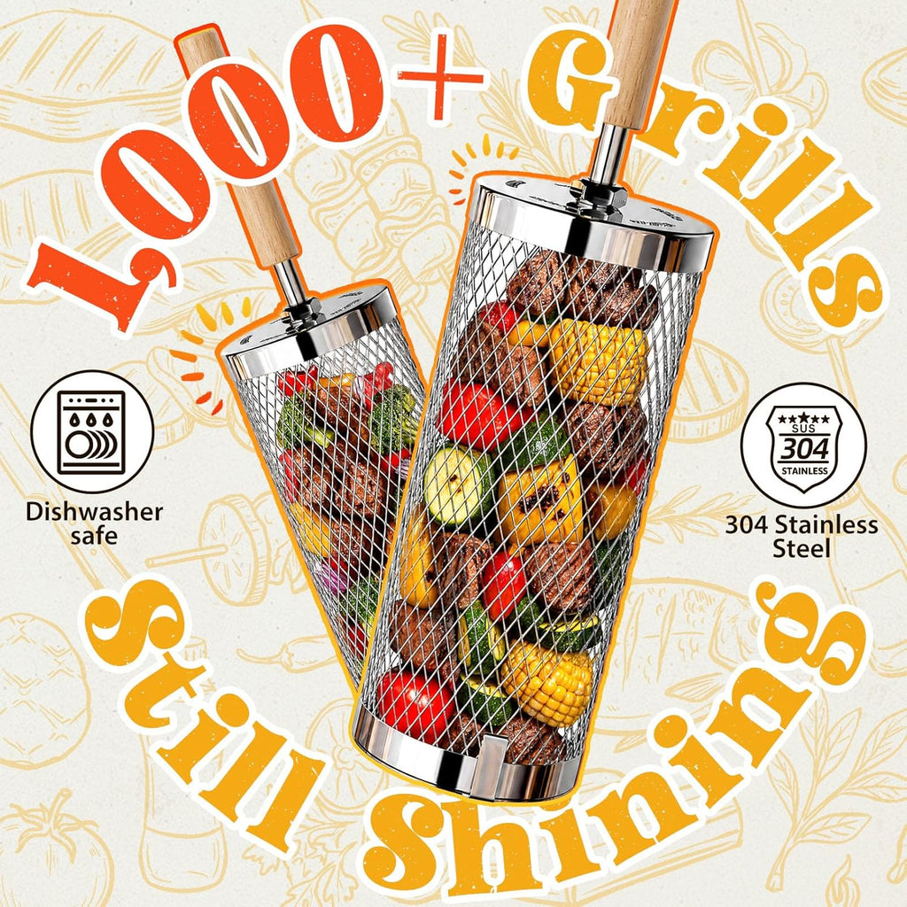 Rolling Grill Basket 2-Pack,304 Stainless Steel Grill Basket with Removable Wooden Handle,BBQ Tool & Smoker Accessory for Grill Rotisseries Veg & Shrimp,Ideal for Outdoor Cooking,Camping & Gifts for Dad/Husband/Men