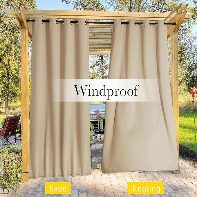 NICETOWN 2 Panels Outdoor Patio Curtains Windproof & Waterproof, Top & Bottom Grommet & Back Tab Light Blocking Drapes Keep Privacy for Yard/Porch with Ropes for Fixed, Biscotti Beige, W46 x L72