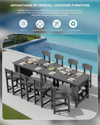 SERWALL Outdoor Bar Table and Chairs Set, 5-Piece HDPE Counter Height Patio Dining Sets with Storage and Wine Rack, Rectangular High Top Bar Table with 4 Bar Stools for Garden, Backyard, Gray