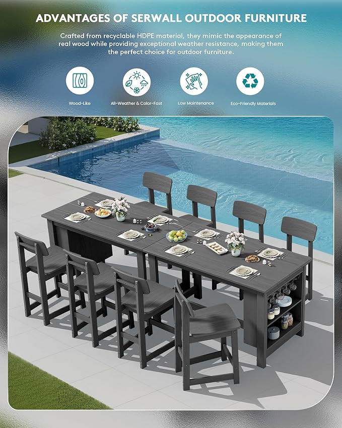 SERWALL Outdoor Bar Table and Chairs Set, 5-Piece HDPE Counter Height Patio Dining Sets with Storage and Wine Rack, Rectangular High Top Bar Table with 4 Bar Stools for Garden, Backyard, Gray