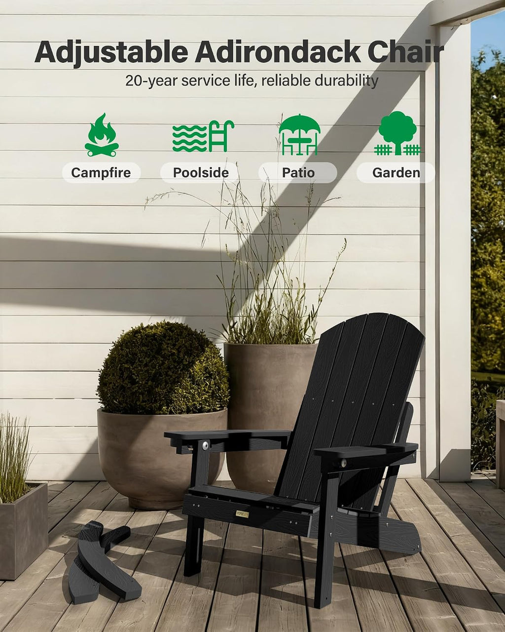YEFU Adirondack Rocking Chairs Set of 2, with Footrest, All-Weather, Black | 5- Level Adjustable Backrest, Retractable Ottoman & Cup Holder, Like Real Wood, for Outdoor/Patio/Porch, Heavy Duty, 400 lbs