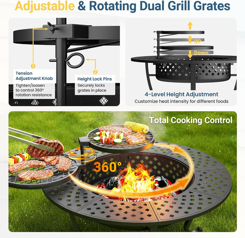 43" large fire pit for outside with 2 showing dimensions