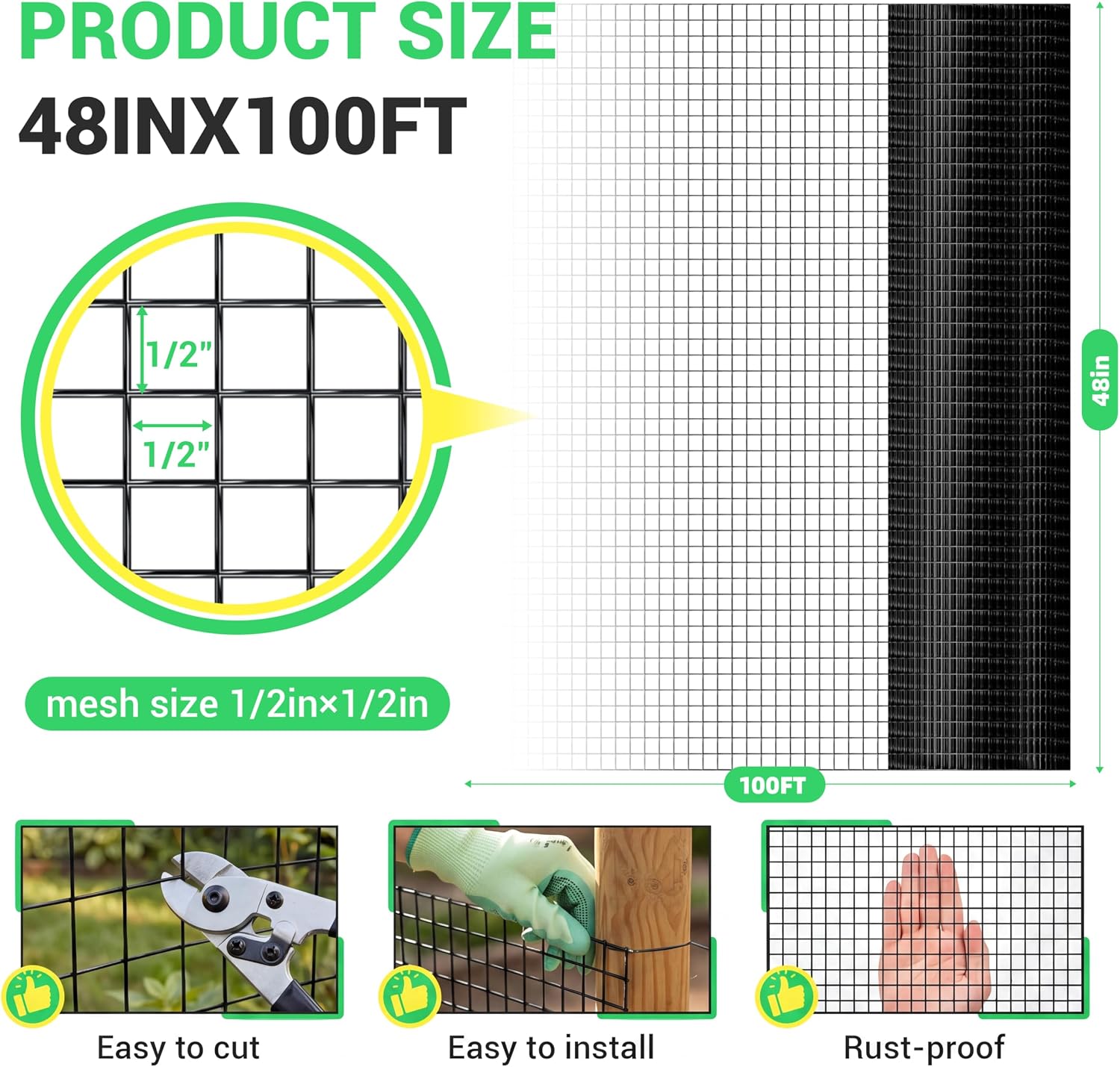 Land guard 48 inch×100 ft Black Vinyl Coated Hardware Cloth, 19 Gauge 1/2 inch Black PVC Hardware Cloth, Welded Wire Fence Supports Poultry Netting Cage Fence…………