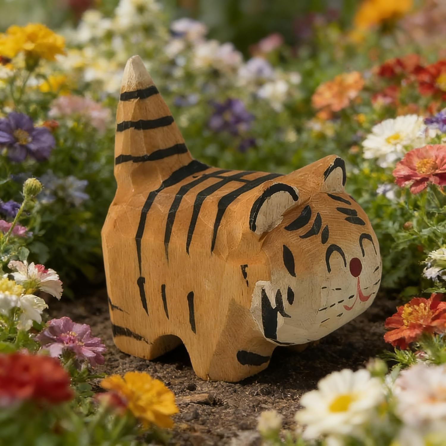 EMiEN Cute Small Wood Tiger Figurine Carved Orange Tiger,Handmade Sculpture Craft Set, for Home Office Decoration, Car Ornaments