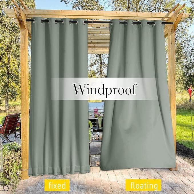 NICETOWN 2 Panels Outdoor Curtains for Patio Waterproof & Windproof, Thermal Insulated Top & Bottom Grommet & Back Tab Sun Blocking Outdoor Drapes with Fixed Rope for Gazebo, Sage Green, W66 x L90