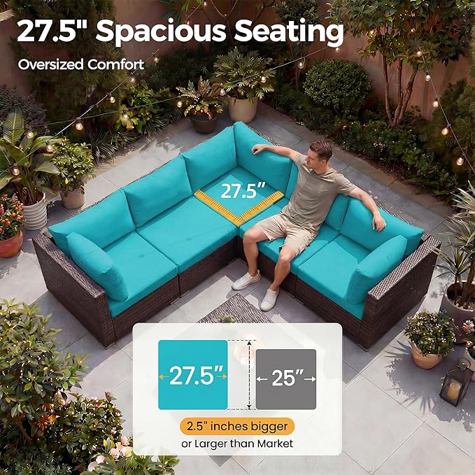 NICESOUL 9 Piece Large Outdoor Patio Furniture Set with Fire Pit Propane/Natural Gas, 29.3'' High Back Comfy Rattan Modular Sectional for 8, Deep Seat Conversation Sets, Brown Rattan and Teal Cushion