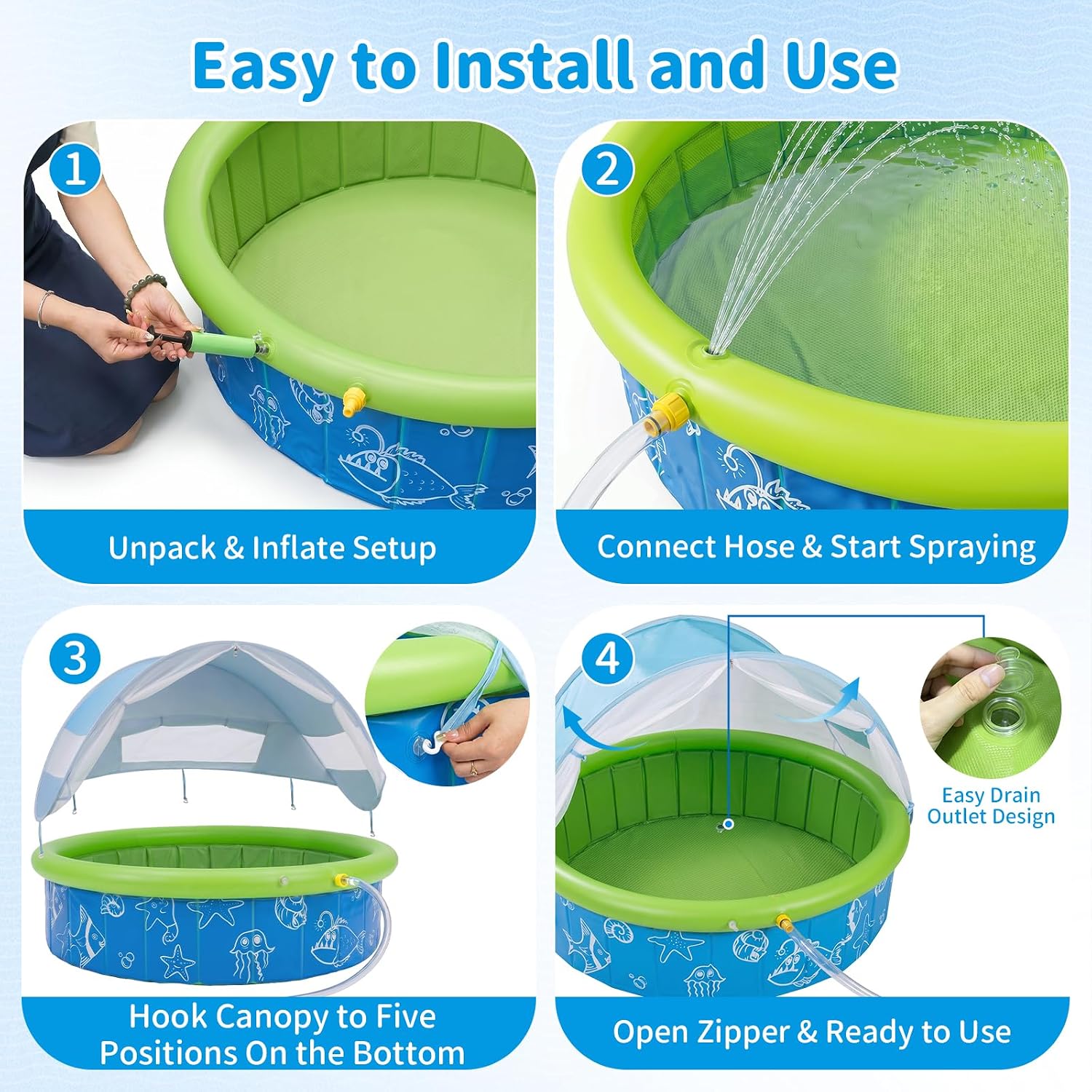 Kids Pool for Toddler, 47in Foldable Kiddie Pool with Canopy & Sprayer | Portable Baby Toddler Pool for Indoor Outdoor, Quick Setup No Tools, Easy Drain Non-Slip Splash Pool for Backyard & Travel