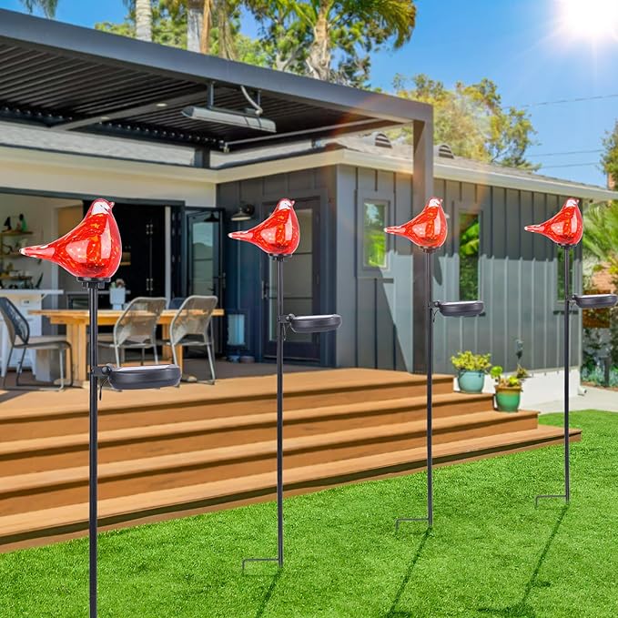 Bshine Solar Garden Decoration Outdoor Red Bird Lights, 2PCS Hand Blown Glass Waterproof Solar Light Stake Decorate Paths, Pathways, Lawns and Yards Art for Mom