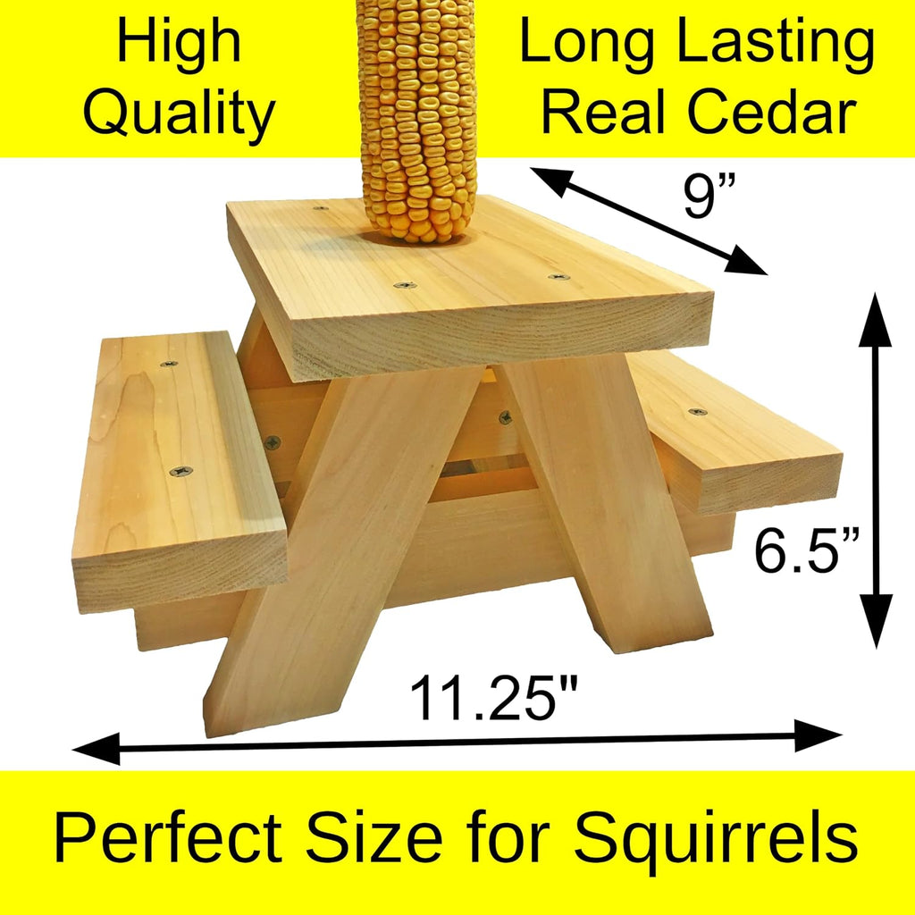 Large Squirrel Picnic Table Feeder - Cedar Squirrel Feeders for Outside Trees, Deck, Fence - Funny Corn Cob Holders, Novelty Hanging Mini Picnic Table for Squirrels, Fun Wooden Chipmunk Bench Platform