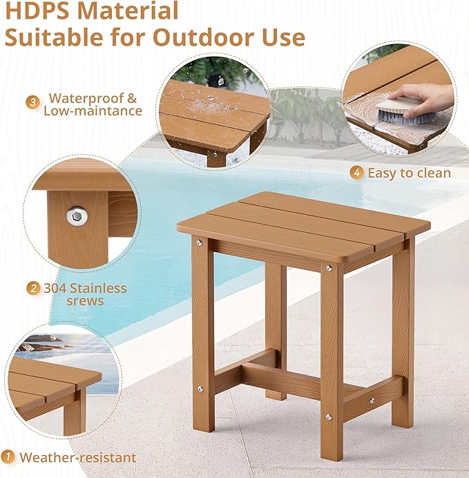 LUE BONA Outdoor Side Table, HDPS Small Outdoor Table, Adirondack Side Table, Outside End Table for Patio, Porch, Deck, Weather Resistant/Easy Maintenance/Indoor or Outside Use, Teak Color
