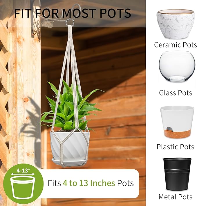 Macrame Plant Hanger, Fits 4-13 Inch Pots, Boho Hanging Plant Holder for Indoor Outdoor, 35 Inch, White (No Flowerpot)