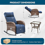 3 Pieces Zero Gravity Wicker Patio Rocking Recliner Chairs Set of 2 - Wicker Outdoor Lounge Chair with Side Table, Adjustable Backrest & Footrest, High Back Outdoor Recliner Chair for Pool Deck Blue