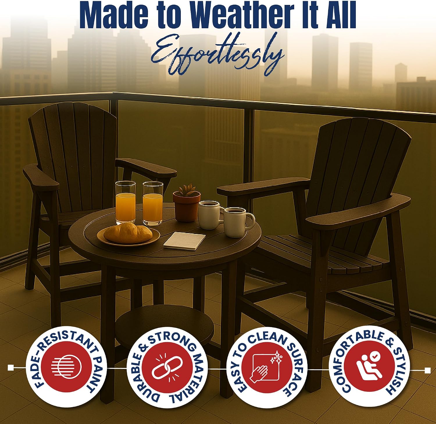 Tall Adirondack Chair - HDPE Outdoor Furniture - Poly Adirondack Bar Stool - Heavy, Stress Free Furniture for Balcony, Deck, Patio, Front Porch, Brown