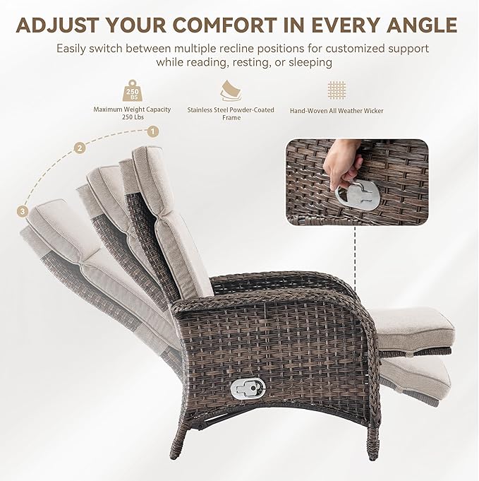 3 Pieces Zero Gravity Wicker Patio Recliner Chairs Set of 2 - Wicker Outdoor Lounge Chair with Side Table, Adjustable Backrest & Footrest, High Back Outdoor Recliner Chair for Pool Deck Beige