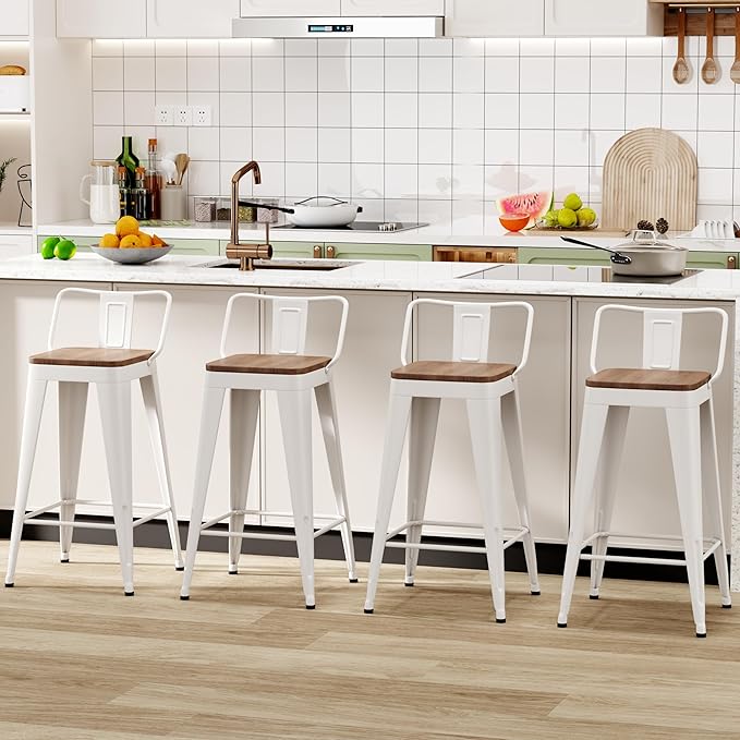 WENTMENT Metal Bar Stools Set of 4 Counter Height Bar Stools Barstools with Removable Back 24" Kitchen Bar Stools with Wooden Seat,Off White