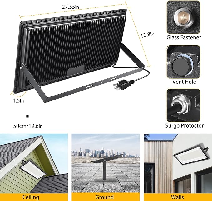 2 Pack 800W LED Flood Light Outdoor,3750W Equivalent Super Bright FloodLight with Plug,88500LM 5000K Daylight White IP66 Waterproof Commercial Lighting for Sports Fields,Counts,Arena,Stadium