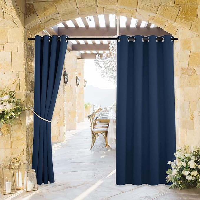 RYB HOME Outdoor Curtains for Patio Waterproof Block Sunlight Thermal Insulated Privacy Assured Thick Outside Curtains for Pergola, Cabana, Gazebo, W52 x L72, Navy Blue, 1 Panel