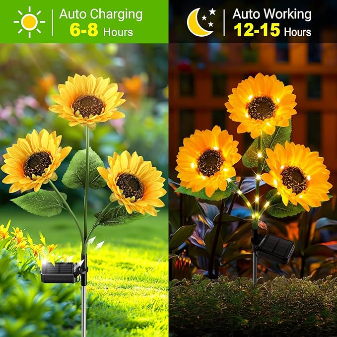 KOOPER Solar Lights Outdoor Decor - 6 Pack Solar Garden Lights with 18 Sunflower Lights, Auto ON/Off, Waterproof for Garden, Patio, Backyard
