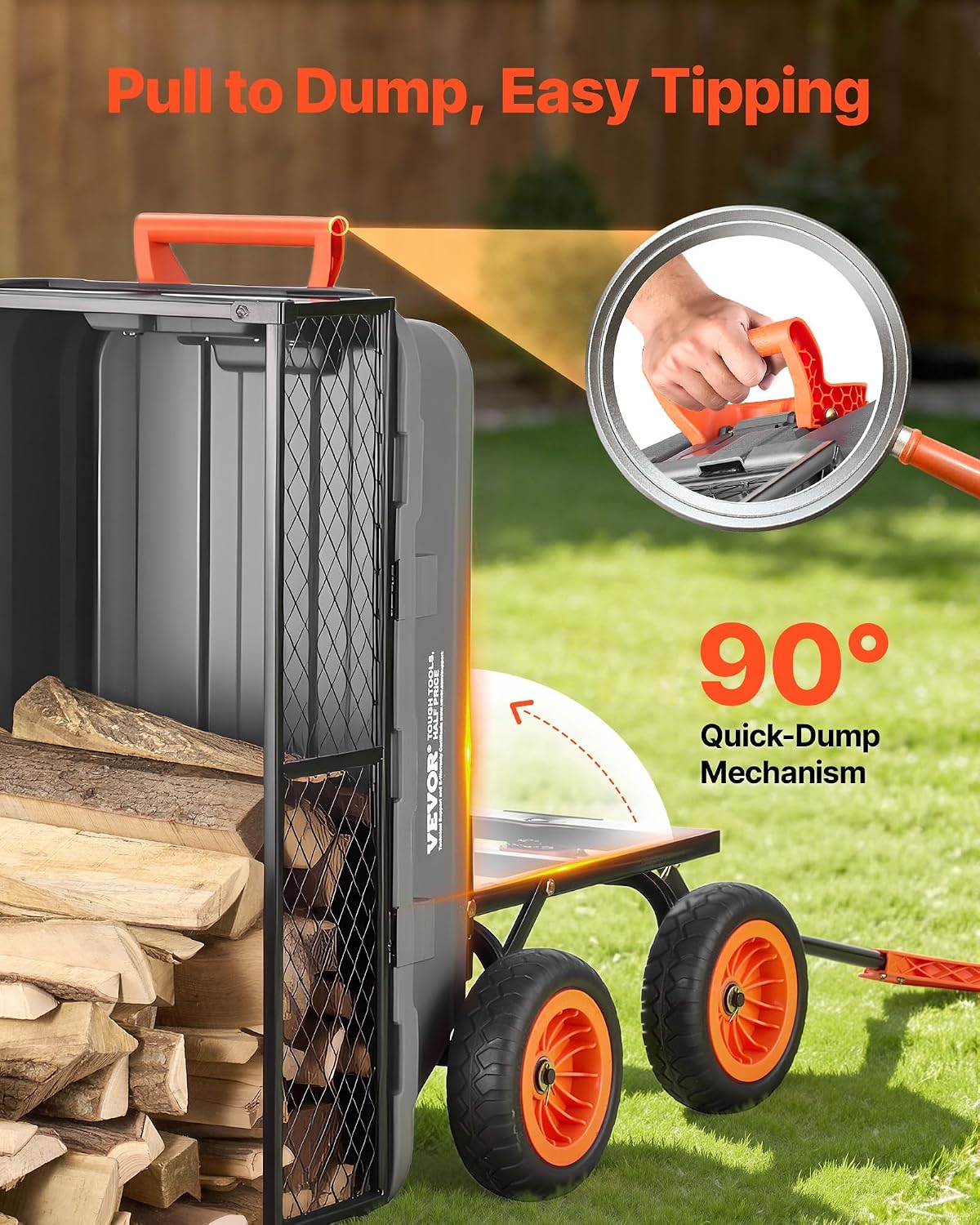 vevor 800lbs 7 cu.ft poly garden cart dump showing dimensions
