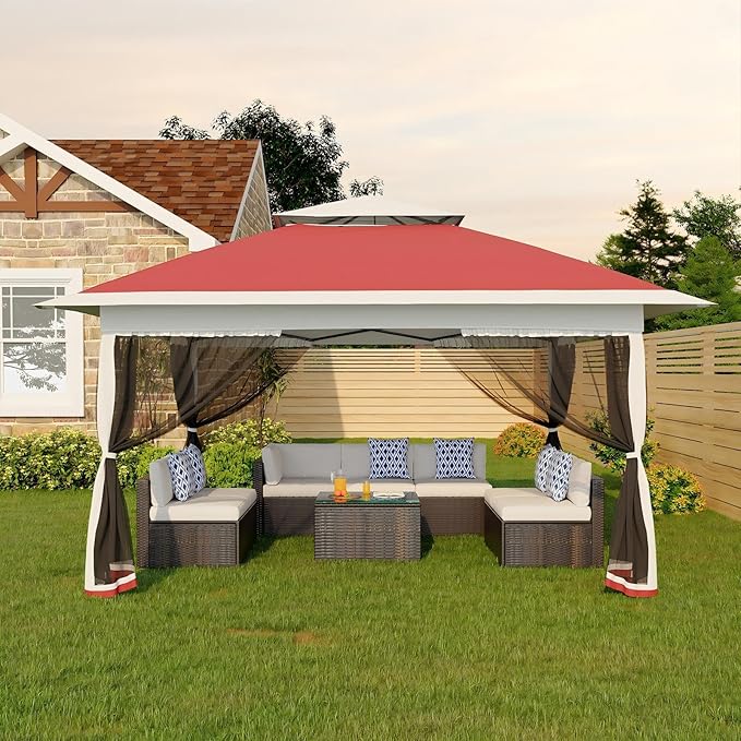 Canopy Tent 12x12 ft, Pop Up Gazebo One-Push Setup with 4 SandBags for Backyard Parties and BBQs, Mosquito Netting & Height Adjustable - Red