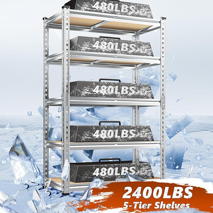 REIBII Garage Shelving, 5 Tier Storage Shelves Load 2400LBS, Adjustable Garage Shelving Heavy Duty, Metal Shelves Unit with Waterproof Columns, 35.5" W x 11.9" D x 72" H, Galvanized, 2 Pack