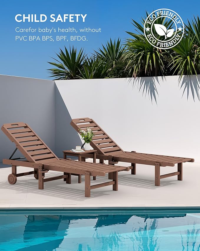 SERWALL Outdoor Chaise Lounge Set of 8, HDPE Pool Lounge Chairs with 5-Position Adjustable Backrest, Patio Loungers with Rolling Wheels & Cup Holder for Pool Sunbathing, Brown