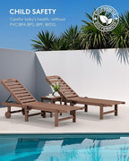SERWALL Patio Chaise Lounge, HDPE Outdoor Lounge Chair with Cup Holder, 5 Positions Adjustable Poly Lounger with Rolling Wheels for Poolside, Deck, Sunbathing, Brown