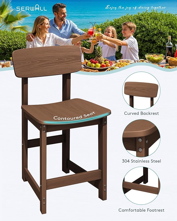SERWALL 3-Piece Outdoor Counter Height Bar Set, HDPE Patio Bar Table with Wine Rack & Storage Shelf, 2 All-Weather Bar Stools, Patio Bar Dining Furniture Set for 3, Brown