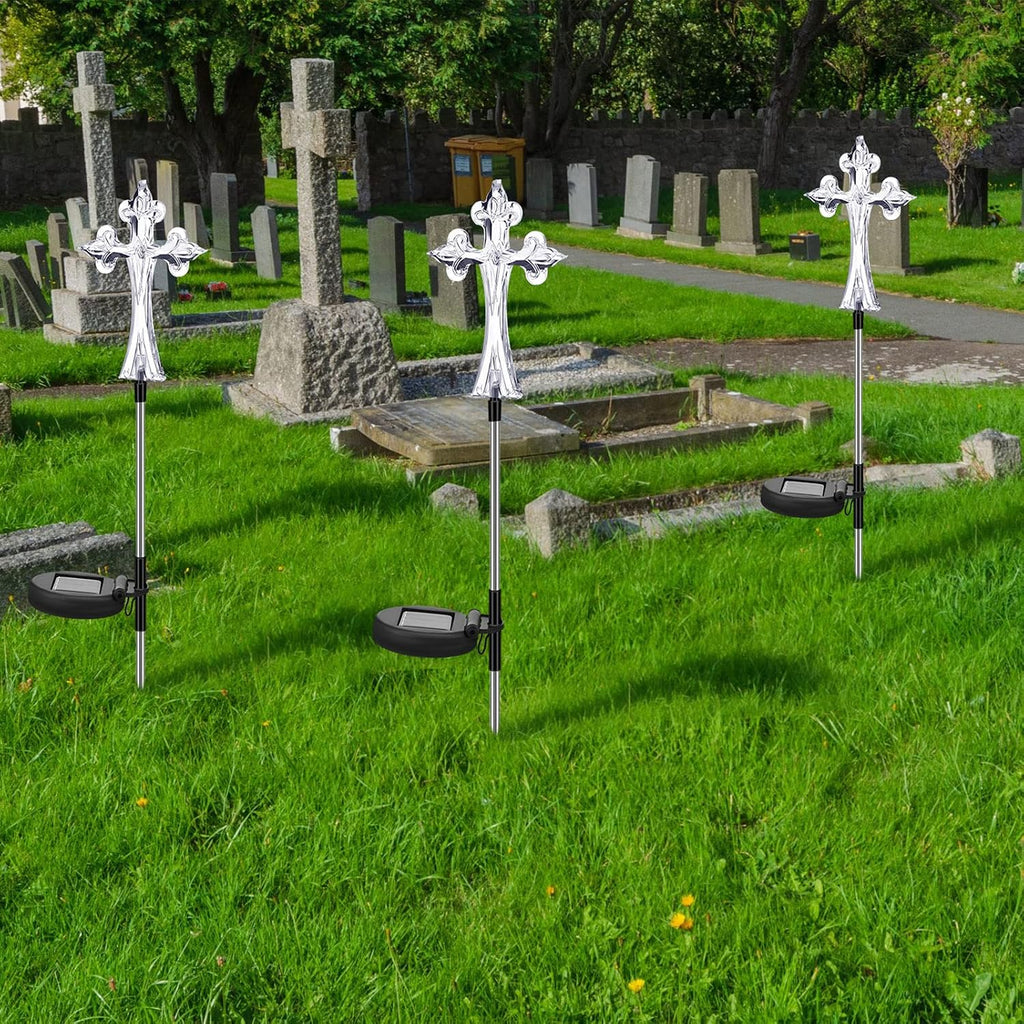 Riakrum 4 Piece Solar Cross for Cemetery Grave Grave Crosses for Cemetery Memorial Stake Solar Lights Waterproof Outdoor Garden Stake Cemetery Cross for Grave Yard Decorations, 16 Inches Long