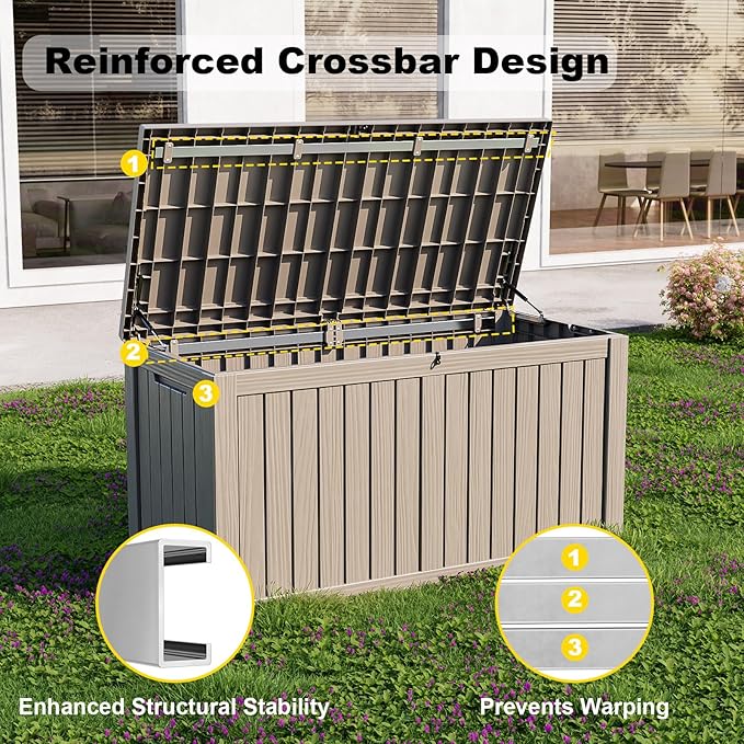 ROJIK Outdoor Storage Housing Deck Box - Waterproof Patio Furniture, Garden Tools, Cushions, Pool Accessories Storage Bench with Lockable Lid and Side Handles (Grey, 180 Gal)