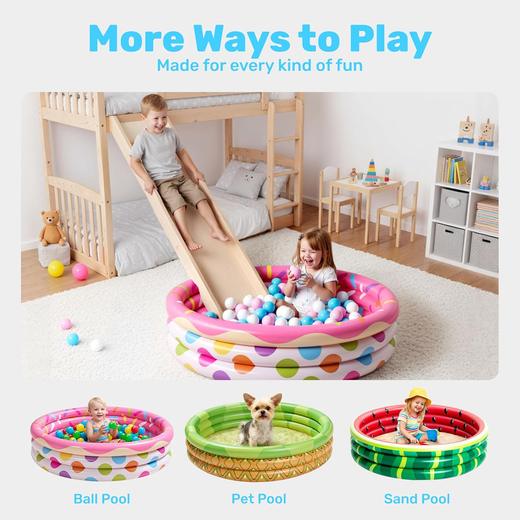 3 Pack 45" X 10" Inflatable Kiddie Pools, Watermelon & Pineapple & Cupcake Swimming Pool for Kids Seasonal Merriment, Indoor&Outdoor Water Pool Baby Swimming Pool Pit Ball Pool