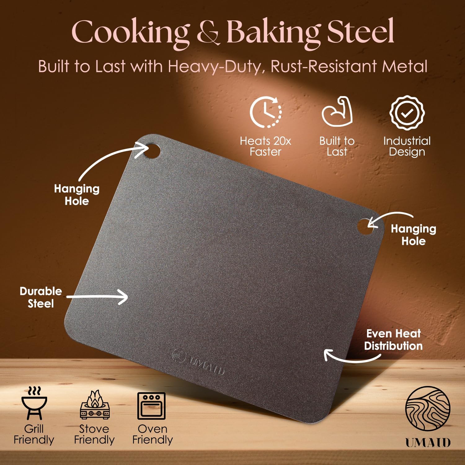 UMAID Pizza Steel for Oven & Grill, 16"x13.4", 1/4" Thick Pre-Seasoned Carbon Steel Baking Steel for Oven, Pizza Steel for Oven, Best Fit for Standard 12" Home Pizza, Includes Recipe Booklet