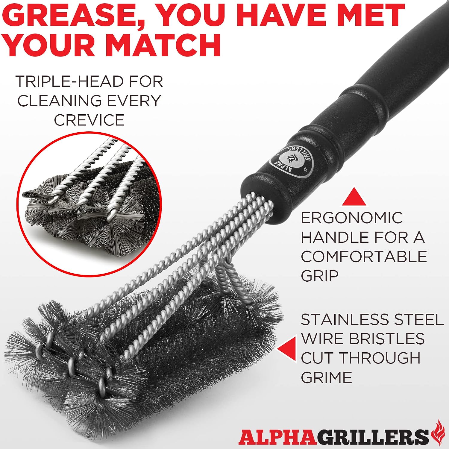 Alpha Grillers Grill Brush. Rust Proof Bbq Cleaning Scraper Accessories. Safe Stainless Steel Wire Bristle Grilling Cleaner Tools for Outdoor Barbecue Set, Incl Gas, Charcoal, Weber. Grill Brushes