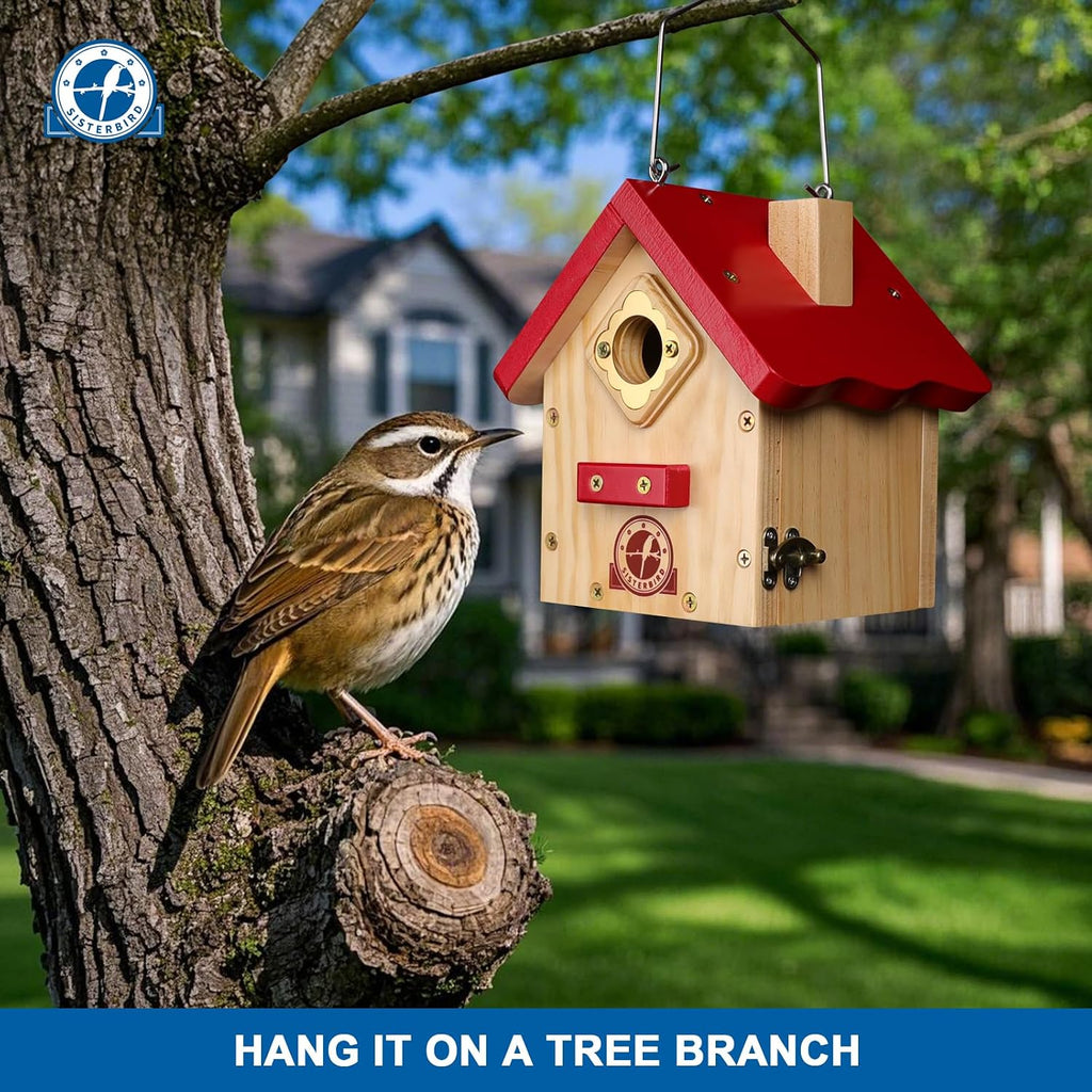 SISTERBIRD Wren Bird House, Premium Wooden Bird Houses for Outside, Classic Cabin Design Birdhouses for Outdoors, Hanging Bird House, Red-Breasted Nuthatch Wren Chickadee