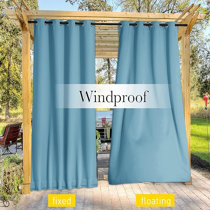 NICETOWN 2 Panels Weighted Outdoor Curtains for Patio Waterproof, Thermal Insulated Grommet & Back Tab on Top & Bottom Windproof Sun Blocking Draperies for Gazebo with Fixed Rope, Teal Blue, W66 x L84