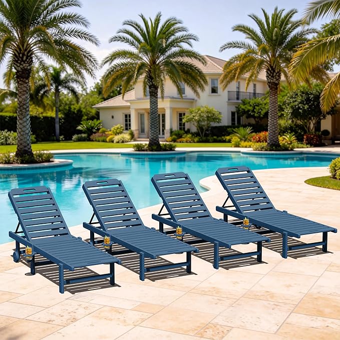 SERWALL Patio Chaise Lounge Chair Set of 4, HDPE Outdoor Lounge Chair with Cup Holder, 5 Positions Adjustable Poly Lounger with Rolling Wheels for Poolside, Deck, Sunbathing, Blue
