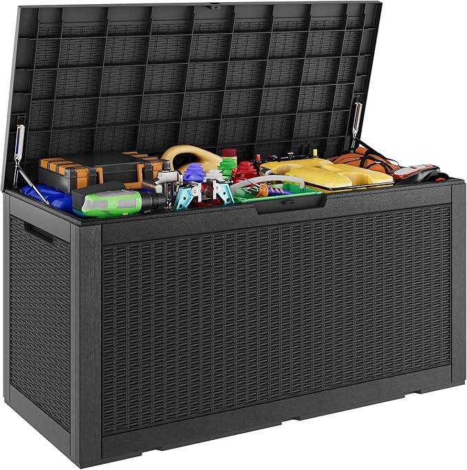 Outdoor Storage Box, Resin Deck Boxes Indoor and outdoor, Waterproof Storage Box Lockable Lid (Black, 101 Gallon)