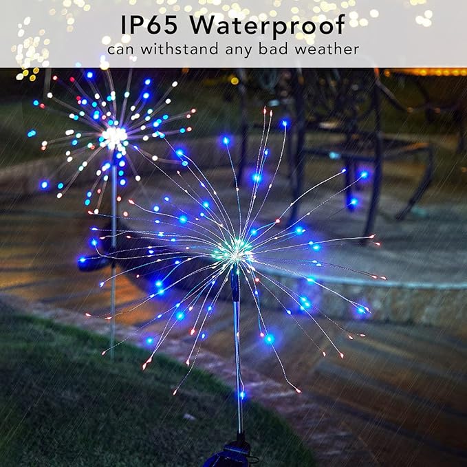 FOOING 4 Pcs Solar Garden Lights Solar Firework Lights Waterproof, 120 LED String Light 2 Modes Twinkling Fairy Nightlight for Garden, Wedding, Party, Patio, Yard, Landscape Decoration (Colorful)