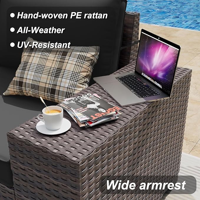 ALAULM 6 Pieces Patio Furniture Set, Oversized Seat/Armrest and High Back Wicker Sectional Furniture Set with Thick Cushion for Backyard, Garden, Black