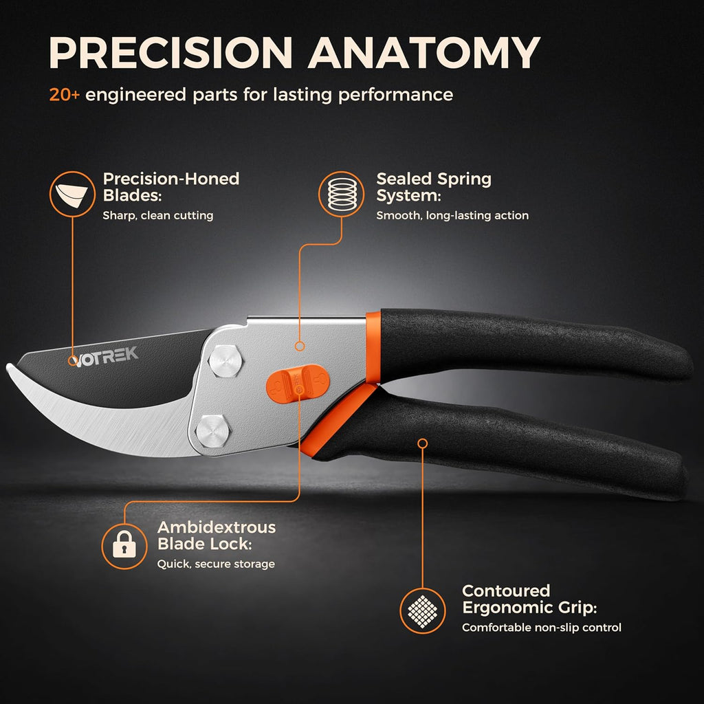 VOTREK® 8.5" Bypass Pruning Shears, Jam-Proof Spring Clippers for branches | Sharp & Anti-Rust SK5 Blade, Ergonomic Non-Slip Grip for Weak Hands, Garden Pruner for Rose, Bonsai, Heavy Duty Tree Trimming