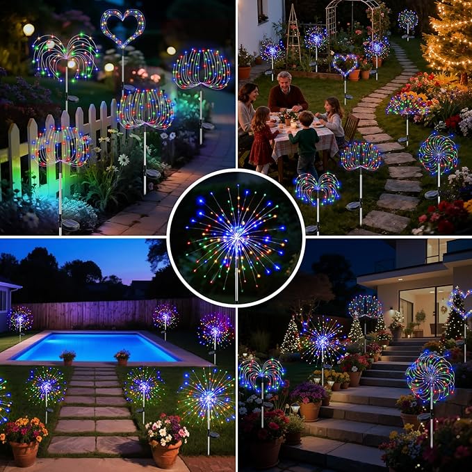 btfarm 2 Pack Solar Garden Lights Outdoor 8 Modes, 120 LED Firework Lights Solar Powered, Waterproof Twinkle Fairy Light Outside for Yard Pathway Lawn Pool Patio Christmas Decorative, Multicolor