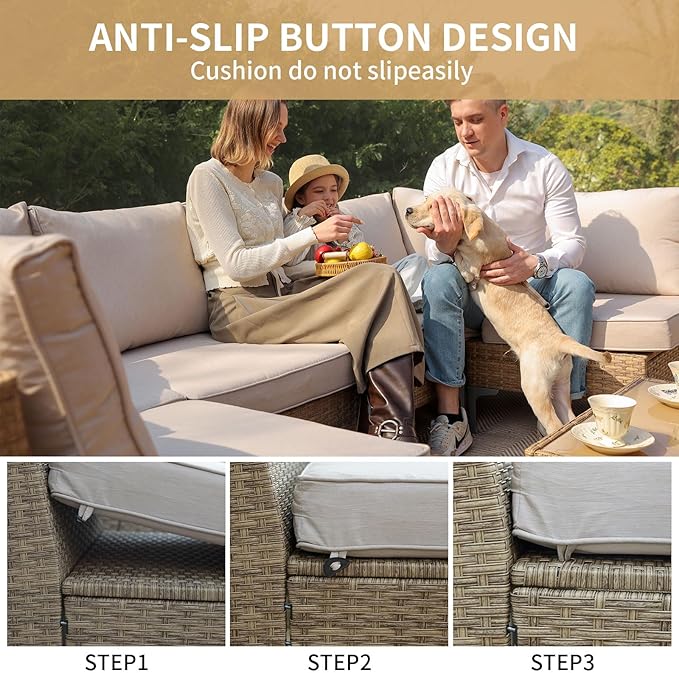 Jing's Villa 7-Piece Outdoor Patio Furniture Set,Ratten Conversation Sectional Sofa w/Coffee Table, All-Weather Patio Conversation Set with Thick and Anti-Slip Cushions for Backyard,Deck,Beige
