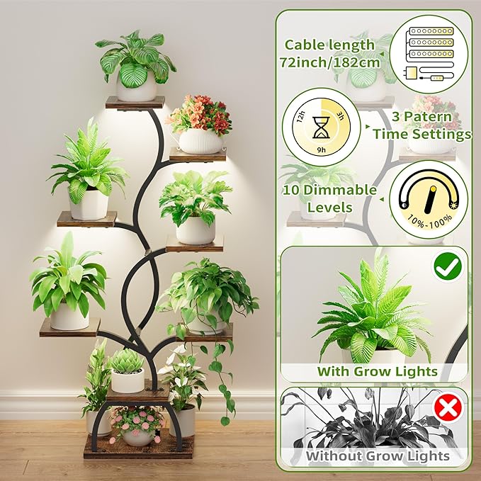 Plant Stand Indoor with Grow Light - 8 Tiered Plant Shelf Indoor, Corner Plant Stand, 49" Tall Plant Shelf with Lights for Indoor Growing, Lighted Flower Holder for Living Room, Balcony, Black