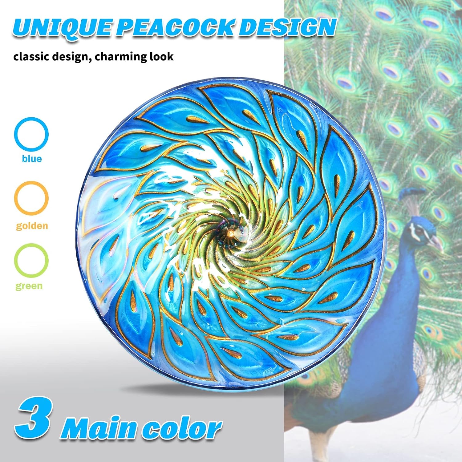 Hanging Glass Bird Bath Peacock Outdoor Birdfeeder Garden Yard Decor | 11-inch Hanging glass bird bath for outdoor bird drinking and bathing creating a beautiful backyard wildlife habitat
