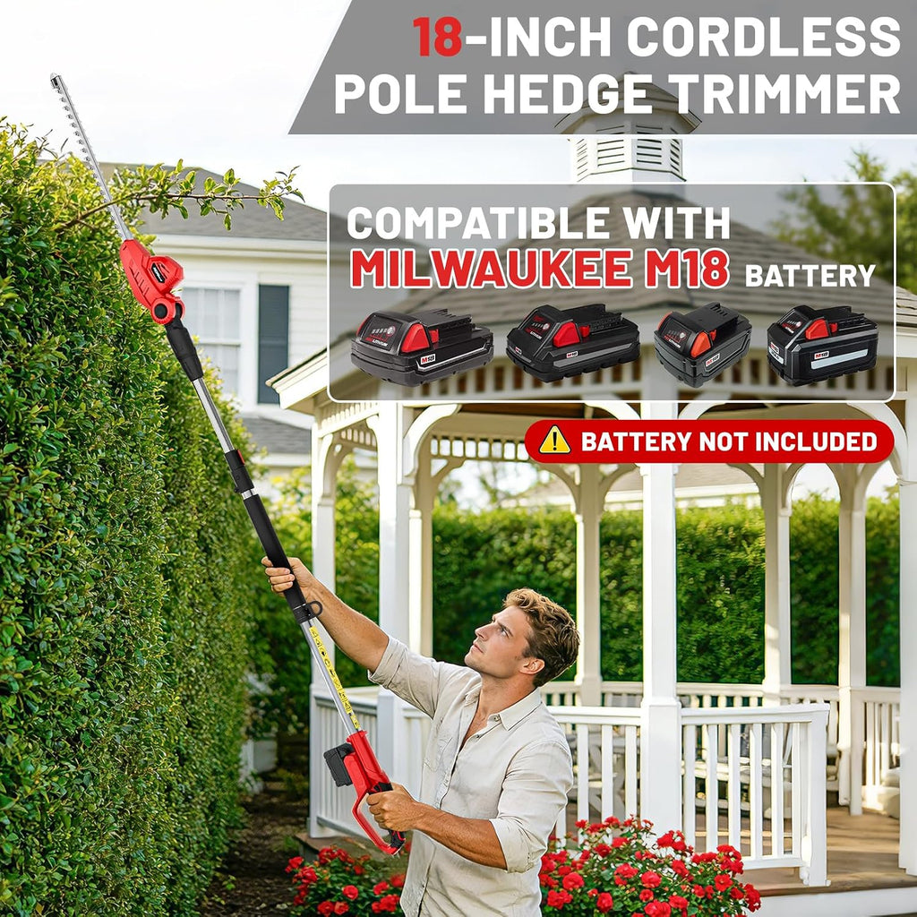 HEINPRO Cordless Pole Hedge Trimmer Compatible with Milwaukee M18 Battery | 18-in, 14-ft Max Reach, 150° Adjustable Head (Battery Not Included), Shoulder Strap, 18-in Blade for High Hedges & Bushes